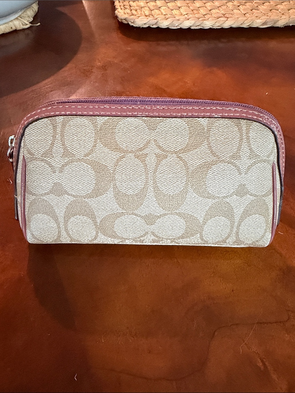 Coach Beige Signature Cosmetic Pouch with Dusty Rose Trim